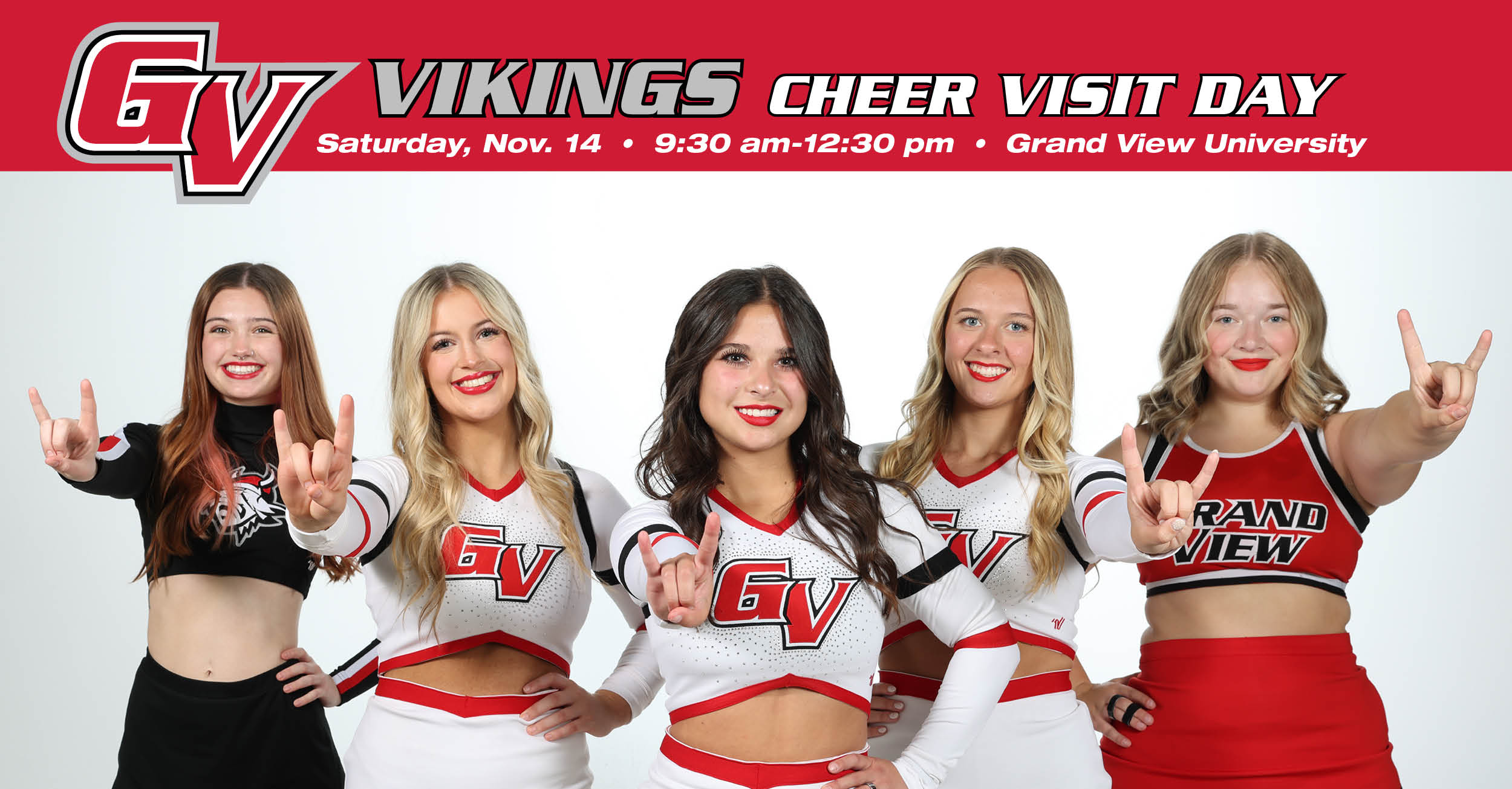 Cheer Visit Day at Grand View University graphic Cheer Visit Day at Grand View University is on Saturday, November 14 from 9:30 a.m. to 12:30 p.m.